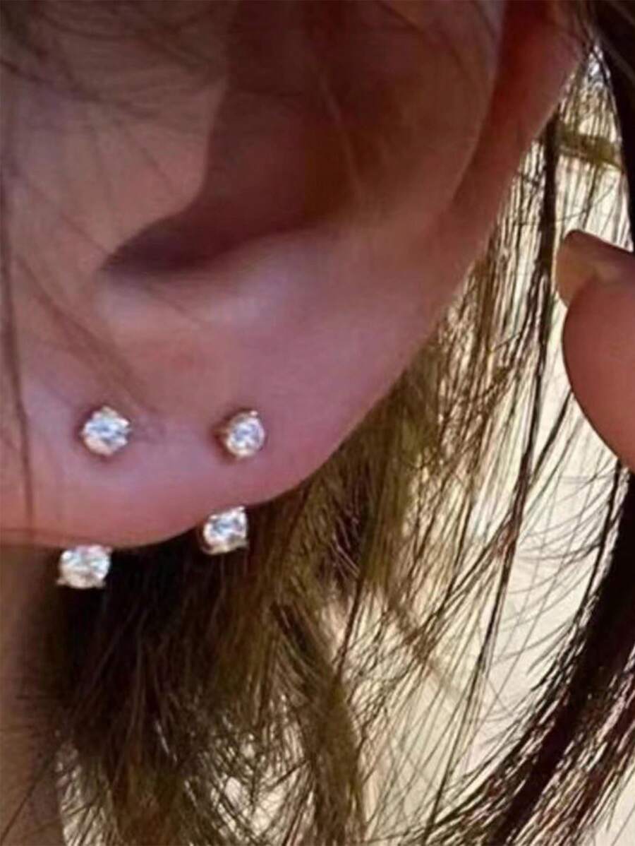 2颗装 CZ 耳钉，双面设计，镶嵌闪亮立方氧化锆，男女皆宜 - 金黃色 - 查看 1