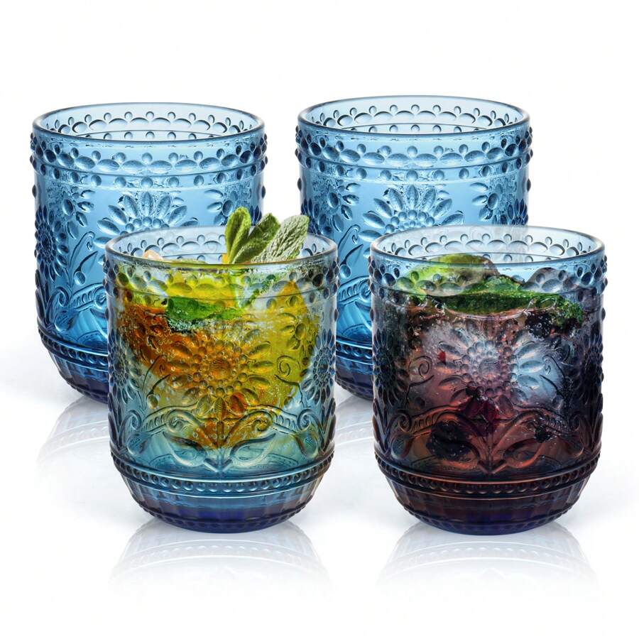 Set Of 4 Retro Sunflower Print Water Cups - 380ML, Blue - Blue - View 1