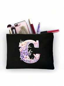 Polyester Zipper Makeup Bag With Flower And Butterfly Letter A-Z Pattern, Elegant Butterfly Design Cosmetic Bag, Coin Purse, Great Gift For Lover And Family, College Dorm Makeup Organizer, Storage Bag, Minimalist Toiletry Bag, Gift Bag, Snack Bag, Mother's Day Gift, Teacher Back To School Gift, Sister Gift, Best Gift For Mother, Birthday Gift - Black - View 29