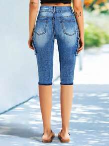 Women Button Pocket Casual Versatile Denim Crop Pants - Light Wash - View 2