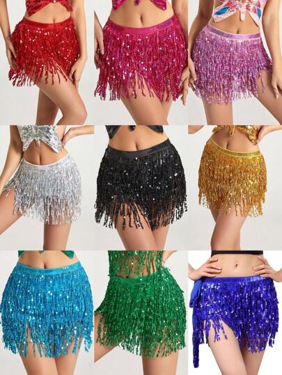 1pc Sequin Tassel Waist Skirt For Women, Shiny BLINGBLING, Suitable For Stage Performance, Street Style, Nightclub, Festival, Fashion Sexy Waist Wrap Skirt With Adjustable Tie, Needs To Be Worn With Leggings, Can Be Worn As Tube Top, Party Formal Dress Accessory Summer School Fall, Autumn, Halloween