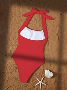 1pc Women's Casual High Neck Tied Solid Color One-Piece Swimsuit - Red - View 4