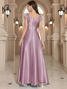 Elegant Solid Square Neck A-Line Extra Long Evening Gown - Mauve Purple - View 2