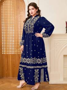 DEARCASE Plus Size Elegant Retro Print Notched Neck Long Dress