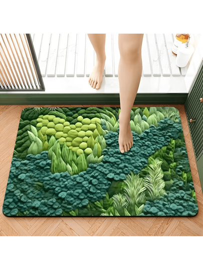 1pc Pastoral Rectangular Groen Carpet, Moss Flocked Like Zachte Warm Absorbent Vloerkleed Fresh Plant Pattern, 3D Visual Effect Bathroom, Living Room, Bedroom, Closet Dirt Resistant Anti Slip Mat Printing Washable Machine Foot Pad Home Bathroom Doormat Nordic Ins est Silent Study, Bedroom Sound Insulation Quick Drying Easy To Clean