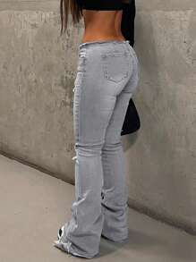 NVFelix 女士低腰修身喇叭裤，弹力面料，做旧破洞细节，复古休闲风格，完美适合冬季感恩节和新年穿着，灰色。