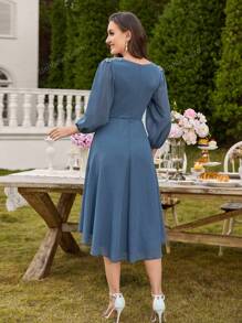 UNITHORSE UNITHORSE Fabric V-Neck Lantern Sleeve Luxury Embroidered Shoulder Design Gored Dress A-Line Midi Dress For Bridesmaids