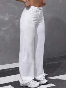 Women's Wide Leg Jeans, High Waist, Various Colors - 白色 - 查看 2