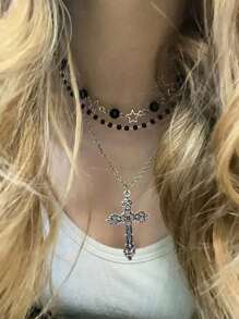 Set de 3 bucăți de colier în stil boem, cu stea, cruce, perlă neagră, margele de cristal și pandantiv inimă, bijuterii de inspirație gotică și hipster.
