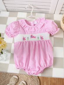 Cute Short Sleeve Elasticated Waist Embroidered Pattern Pink Bodysuit - Pink - View 1