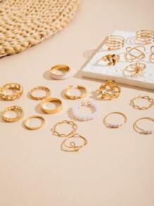 imoli 21pcs Simple & Casual Alloy Flower & Pearl Ring Set, Suitable For Everyday Wear
