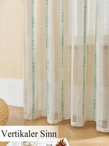 VEHEDE 2pcs Beige And Blue Striped Semi-Sheer Linen Curtains, Suitable For Living Room; Embroidered Linen Texture Curtains, Suitable For Bedroom - Beige & Blue - View 2