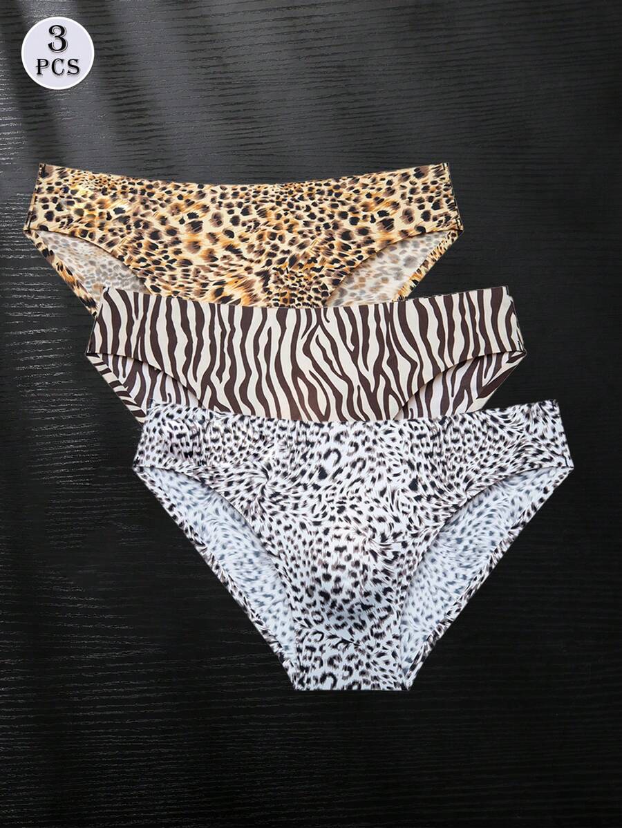 3pcs/Set Men Lightweight Sexy Leopard Print Bulge Enhancing 3D Ergonomic Sports Fitness Breathable Briefs Underwear