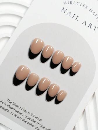 YINZIJIA Juego original de 10 piezas de arte de uñas hecho a mano, arte de uñas usable, parches cortos de arte de uñas negro francés en forma de almendra, arte de uñas rápido