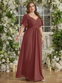 V-Ausschnitt Rüschenärmel langes Chiffon Brautjungfernkleid, einfarbig