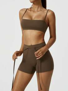 NcmRyu 1 Set Women Seamless Elastic Sexy Camisole With Padded Bra And Shorts Sports Suit - Brown - View 6