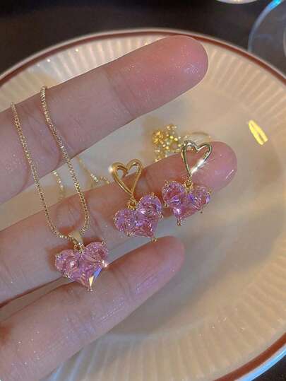 3pcs/Set Fashionable Cute Romantic Girl's Pink & Purple Heart Necklace & Earrings Set, Suitable For Daily Wear, Festivals, Vacations, Parties, Dresses, Birthday Gifts, Gifts For Friends