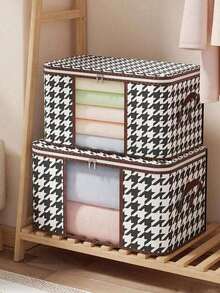 1pc Clothes Storage Bag, Large Capacity Transparent Window, Houndstooth Check Visible Window, Non-Woven Wardrobe Storage Bag, Dustproof And Foldable Storage Bag For Quilt And Clothing, Essential Storage Bag For Home And Dormitory