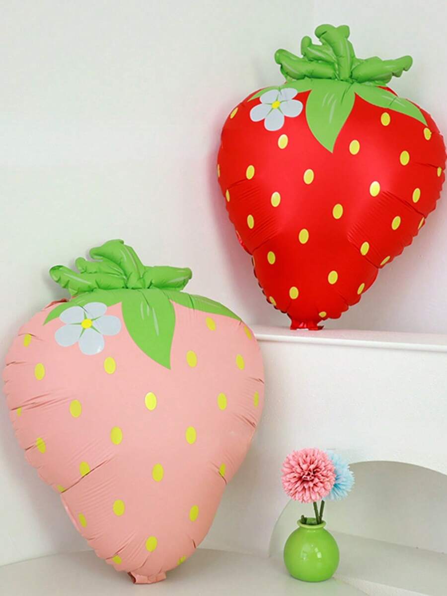 2pcs Matte Pink & Red Strawberry Balloons, Summer Fruit Theme Party Birthday Party Decorations Foil Balloons