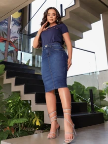 Women's Jeans Skirt Evangelical Fashion With Lycra High Waist - 深色水洗藍 - 查看 3