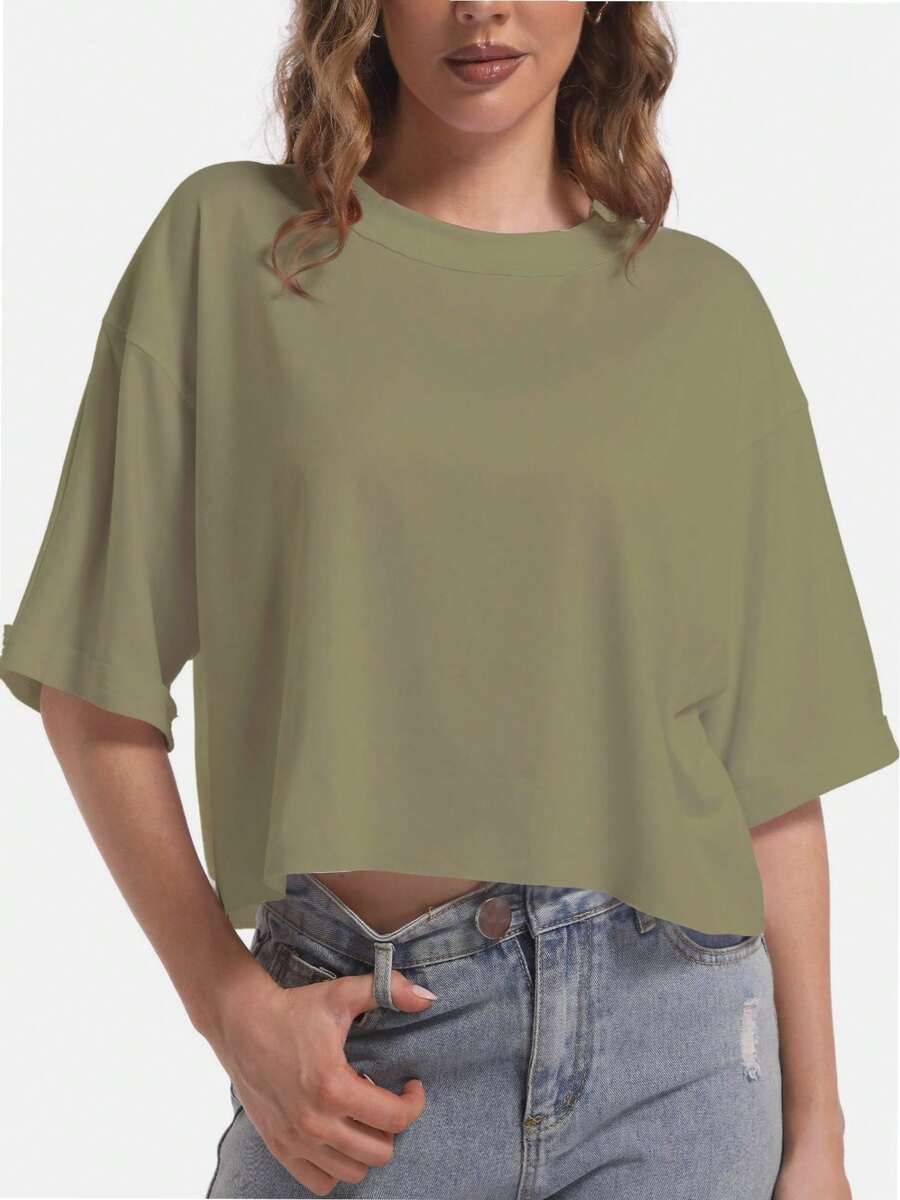 JESOT Women's Comfy Basic Workout Gym Short Sleeve Crop Tops Loose Casual Oversized T-Shirts