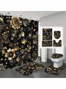 1 Peça/4 Peças Conjunto de Cortina de Chuveiro Floral Colorida com Tapete Antiderrapante, Tampa, Tapete de Banho e 12 Ganchos de Plástico - Lavável na Máquina, Decoração de Banheiro à Prova d'Água em Poliéster com Ilhós no Top - Conjunto de Acessórios de Banho com Tema Natural para Todas as Estações Volta às Aulas