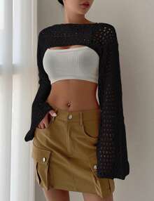 GoyRrbay Womens Cropped Knit Sweater Top Hollow Out Bolero Shrug See Through Crochet Shrug Y2K Top - màu đen - Xem 3