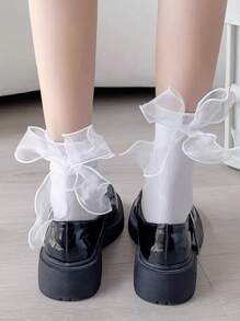 1 Pair/3 Pairs Women Solid Color Cute Bowknot Mid-Calf Socks, Sweet Lace Design, Thin Fabric For Spring/Summer