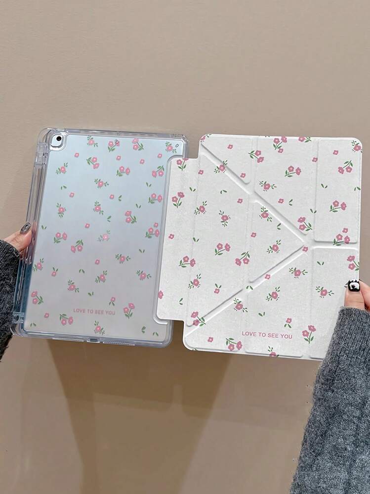 1pc Lovely Pink Ditsy Floral Double-Sided Acrylic Printed Shockproof Protective Case Compatible With IPad/, Supports Sleep/Wake Function - Multicolor - View 1