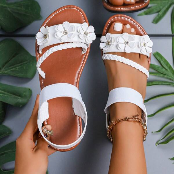 Women's Sandals, Flat, Open Toe Design For Formal And Casual Occasions, Comfortable With Elastic Ankle Strap, Decorated With Rhinestone Flower, Adding Fashionable Touch To Your Summer Wardrobe