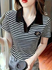 Camiseta de mujer de manga corta a rayas, nueva camisa polo de verano holgada y casual, camiseta slim, ropa deportiva