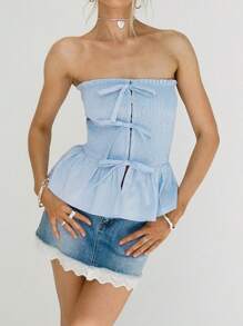 Women Summer Strapless Tube Tops Front Tie Shirred Smocked Slim Fit Ruffle Shirts Y2k Going Out - Blue - View 3