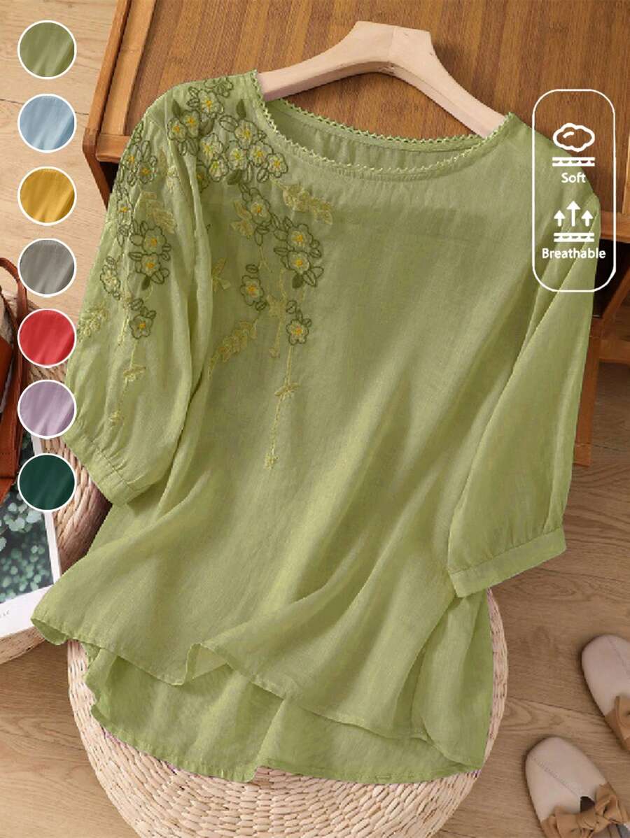 Women's Embroidered Loose Boho Vintage Blouse, Spring/Summer Casual Tops - Light Green - View 1