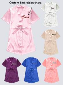 1pc Personalized Children Satin Long Robe, Customized With Embroidered Letter/Name, Functional Casual, Breathable, Sleepwear, Bathing, Elastic, Homeware, Cooling, Comfortable, Suitable For Wedding Flower Girl, Kids, Girls, Spa Birthday Party,Multi-Functional,Ornamental,Letter,Stylish,Modern,Colorful,Cute,Adorable,Casual,Custom,Personalised,Unique,Customized,Ideal Gifts For Him,Ideal Gifts For Her,Kids,Gala Night,Travel, School - Multicolor - View 2