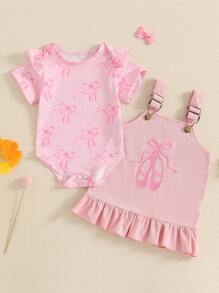 Baby Girls 2Pcs Spring Outfits Short Sleeve Romper + Ruffle Overall Dress Set Newborn Clothes - Pink - View 1