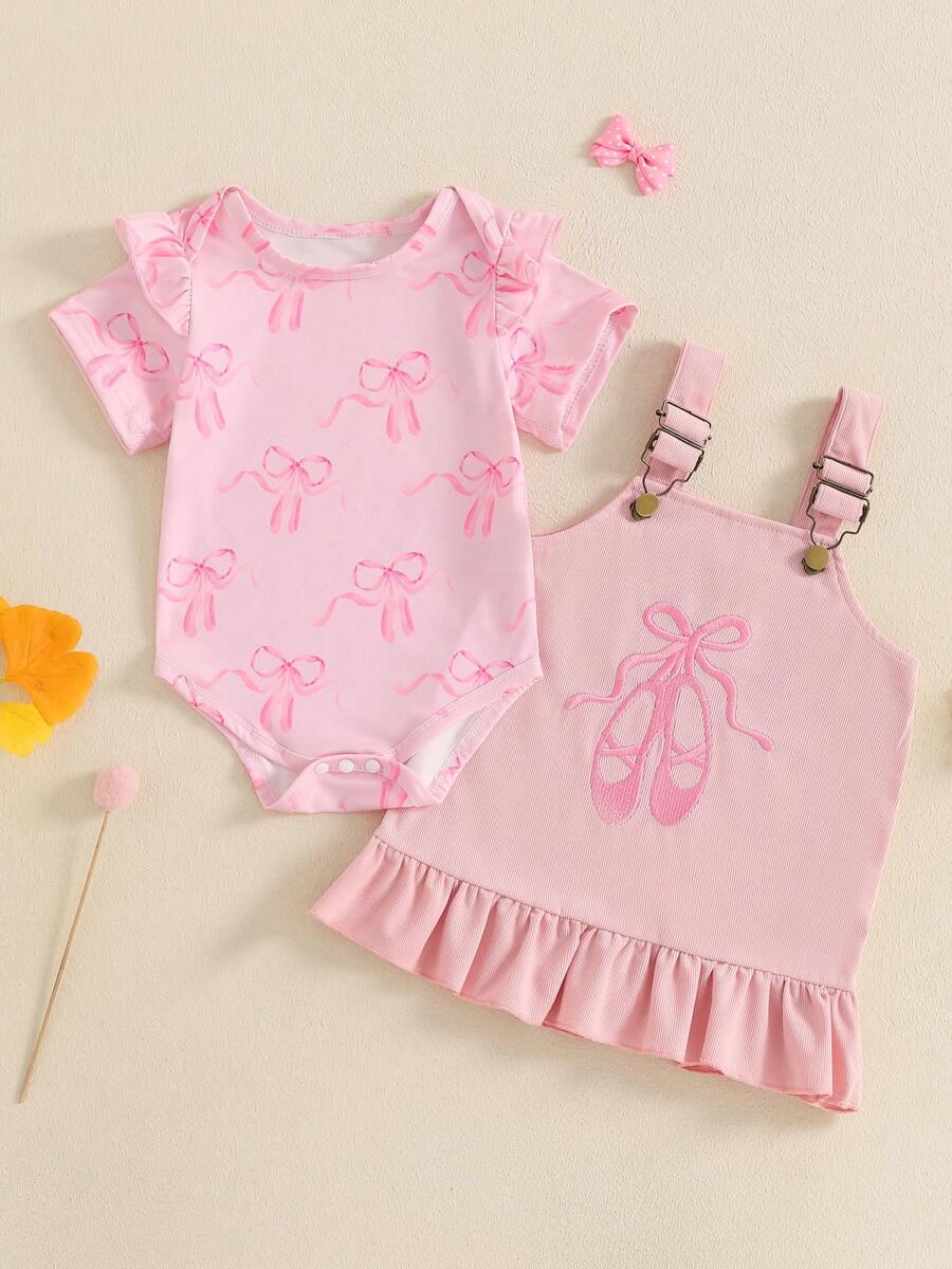 Baby Girls 2Pcs Spring Outfits Short Sleeve Romper + Ruffle Overall Dress Set Newborn Clothes - Pink - View 1