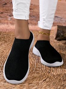 Giày lười đế bằng dệt kim thoáng khí màu đen và trắng dành cho nữ, nhẹ và thoải mái khi mang hàng ngày - Đen và trắng - Xem 5