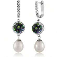 Cultured Freshwater Pearl And Gemstone Birthstone Drop Dangle Earrings For Women | 925 Sterling Silver | 11X8MM Pearl And 8MM Gemstone Birthstone-WCZ