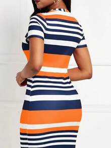 Đầm nữ mùa hè dáng ôm phối màu kẻ sọc thanh lịch - trái cam - Xem 2