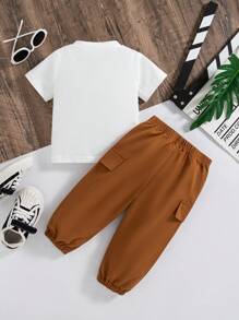幼儿男童卡通熊印花短袖上衣 + 假口袋休闲工装裤套装 - 棕色 - 查看 2