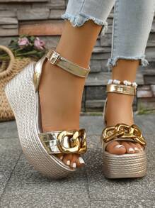 Women's Stylish Metallic Golden Decorated Open Toe Thick Sole Strap Buckle Daily Party Runway Event Versatile Elegant Platform Sandals - Gold - View 6