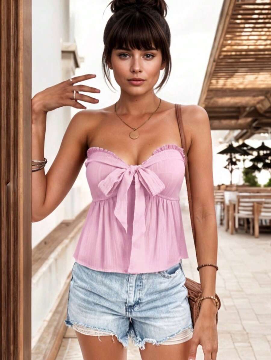 Blusa Strapless son Tirantes con Escote de Corazón y Detalle de Moño para Mujer - Rosa Pálido - Ver 1
