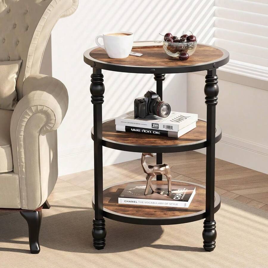 Round Side Table,Small End Table With 3 Shelves For Living Room,Bedroom