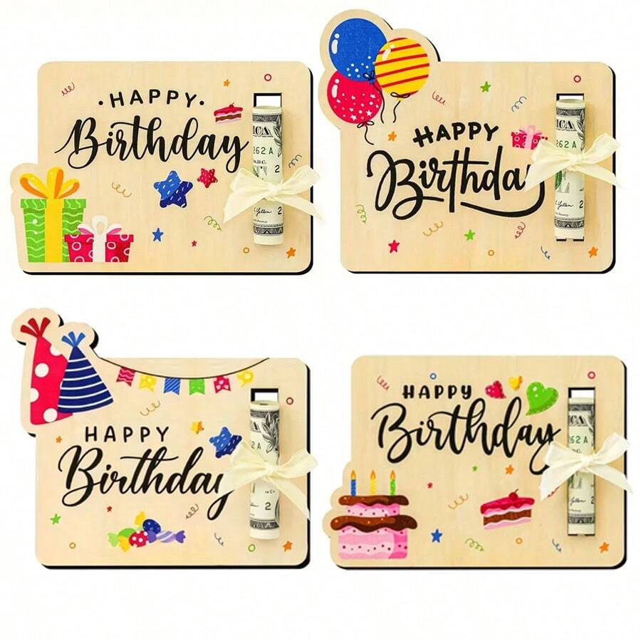 1/4 piezas Soporte de madera para dinero "Feliz Cumpleaños" - Tarjeta de cumpleaños con billetera de madera, cajas de regalo de monedas creativas para decoración del hogar, regalos de cumpleaños, regalos únicos de fiesta de cumpleaños, decoraciones navideñas para el hogar, regalos de Navidad, decoración navideña - Multicolor - Ver 1