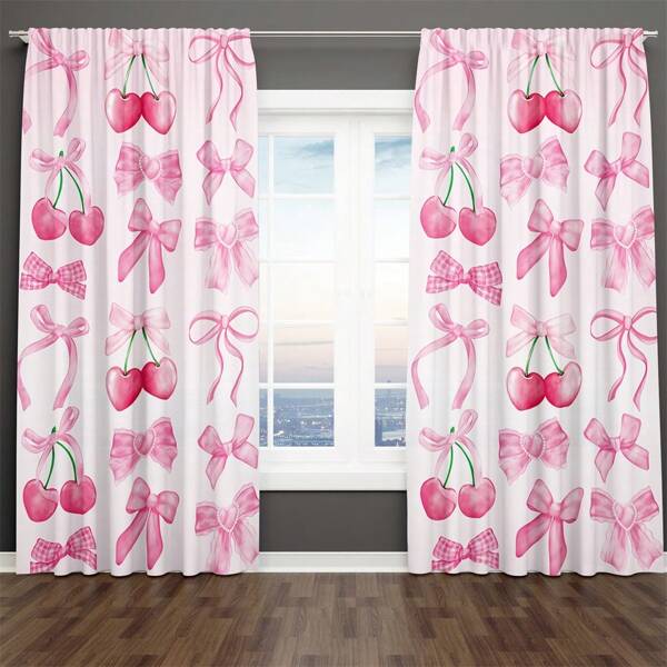 1 Set/2 piezas Cortina de frutas rosadas, decoración estética de acuarela con lazos rojos de cerezas para dormitorio de niñas, sala de estar, tratamiento de ventana