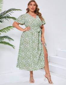 GoyRrbay Womens Plus Size Summer Dresses Short Sleeve Wrap V Neck Floral Formal Maxi Wedding Guest Long Dress With Belt - Hồng - Xem 2