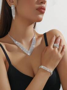 5pcs Luxury Rhinestone Jewelry Set: Necklace, Earrings, Bracelet, And Ring, Suitable For Women's Daily Commute, Wedding, Party, Holiday Gift (Bracelet Or Ring Can Be Purchased Separately) - Exquisite Necklace Set - View 12