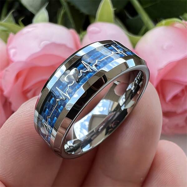 1pc Fashion Heartbeat Pattern Stainless Steel Ring For Men Carbon Fiber Inlay Engagement Wedding Bands Jewelry Comfort Fit