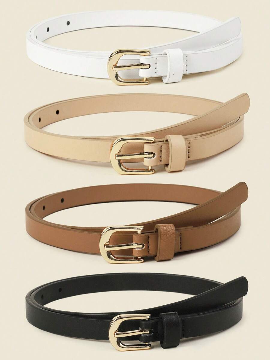 4pcs Women Classic PU Leather Belt Solid Color Simple Skinny Belt With Square Buckle For Jeans Pants - Pin Buckle - View 1
