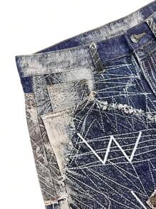 Męskie modne szorty dżinsowe z nadrukiem 3D Patchwork, lato